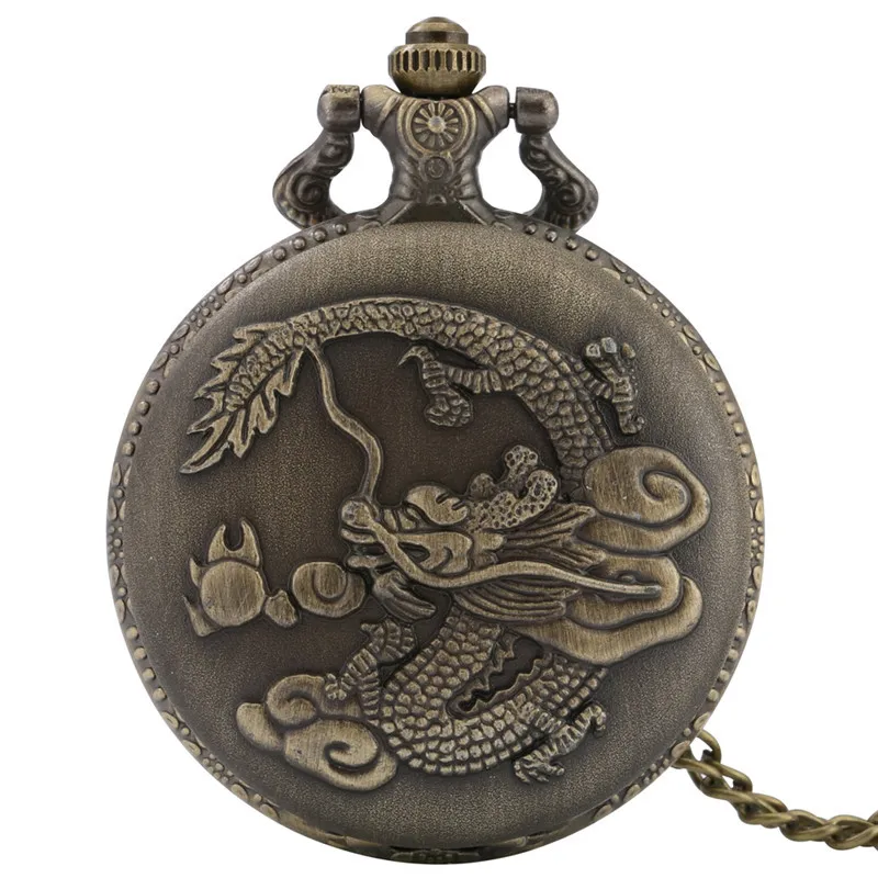 Chinese Dragon Quartz Pocket Watch with Necklace Chain - Vintage Bronze Design for Timeless Style