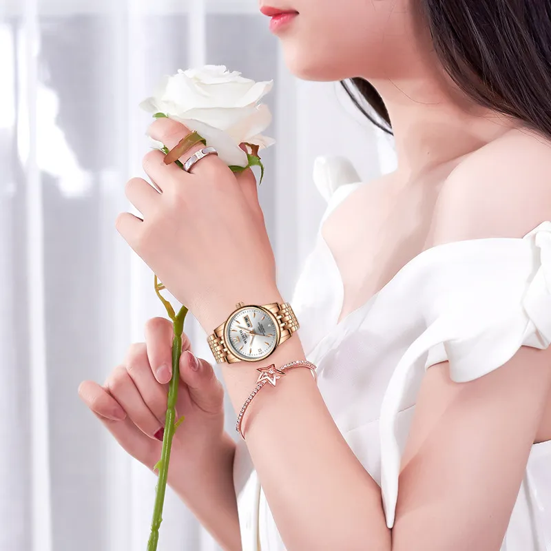 WLISTH Women Watch Tungsten Steel Lovers Rose Women Couple Watches Chinese-English Calendar Quartz Clock Waterproof Watch219S