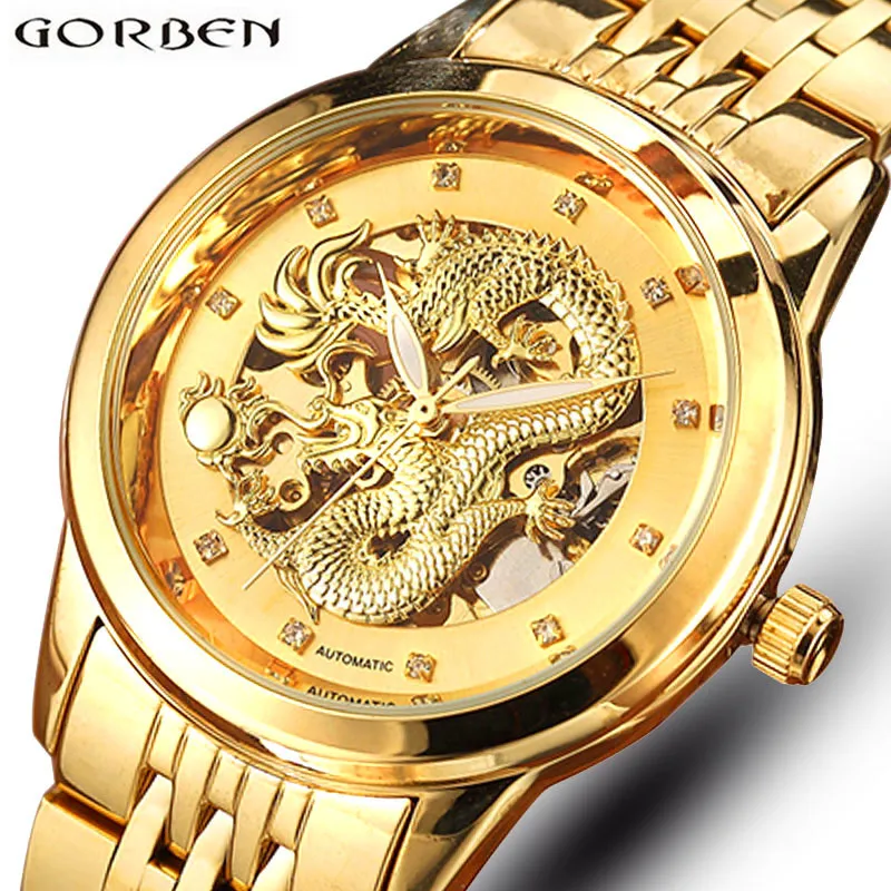 Skeleton Gold Mechanical Watch Men Automatic 3d Carved Dragon Steel Mechanical Wrist Watch China Luxury Top Brand Self Wind 2018 Y19052103