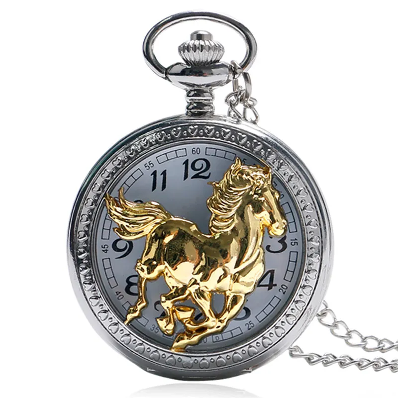 Chinese Style Running Golden Horse Silver Quartz Pocket Watch Retro Necklace Chain Hollow Out Case Birthday Gift