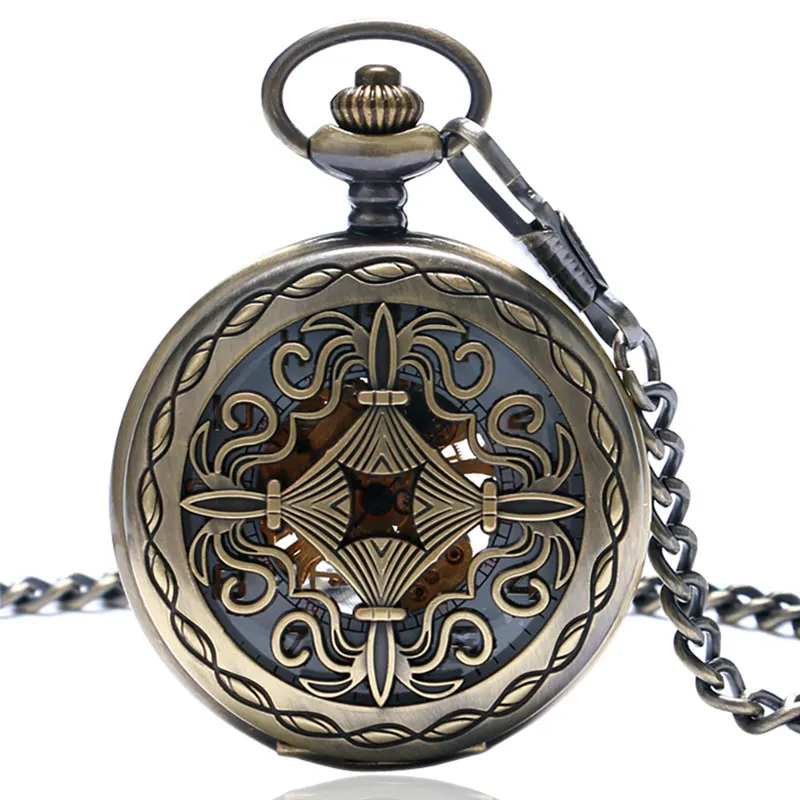 Hollow Vintage Bronze Chinese Pocket Watch - Handwind Mechanical Clock with Chain - Elegant Gift for Women and Men