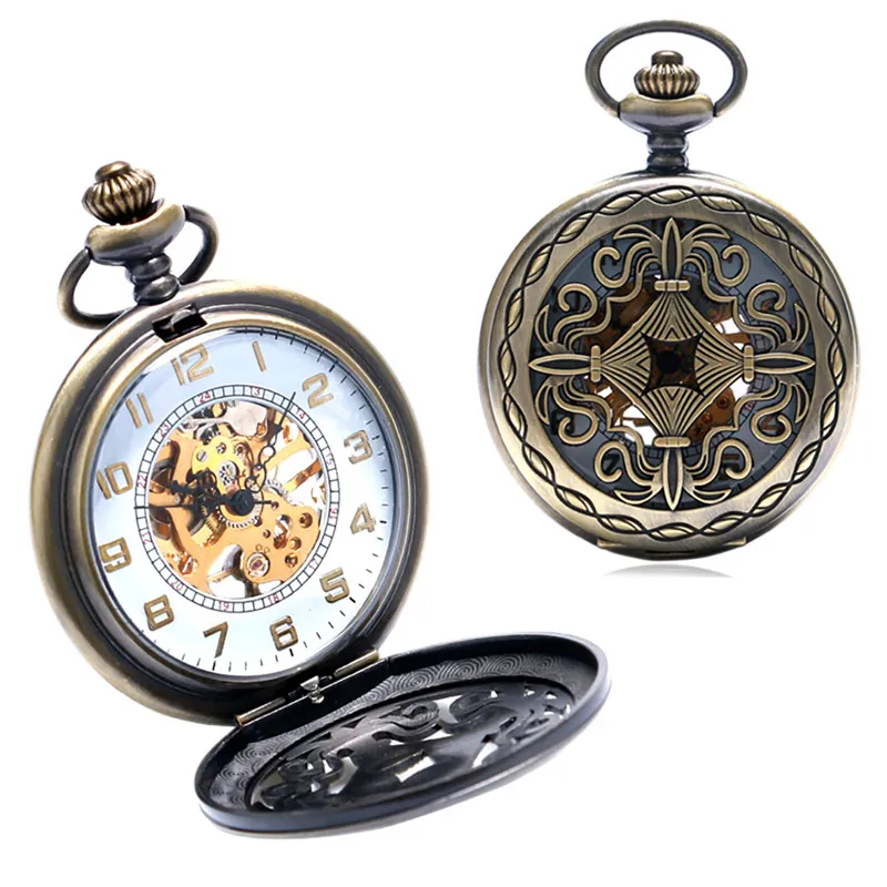 Hollow Vintage Bronze Chinese Pocket Watch - Handwind Mechanical Clock with Chain - Elegant Gift for Women and Men