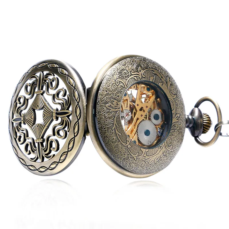 Hollow Vintage Bronze Chinese Pocket Watch - Handwind Mechanical Clock with Chain - Elegant Gift for Women and Men