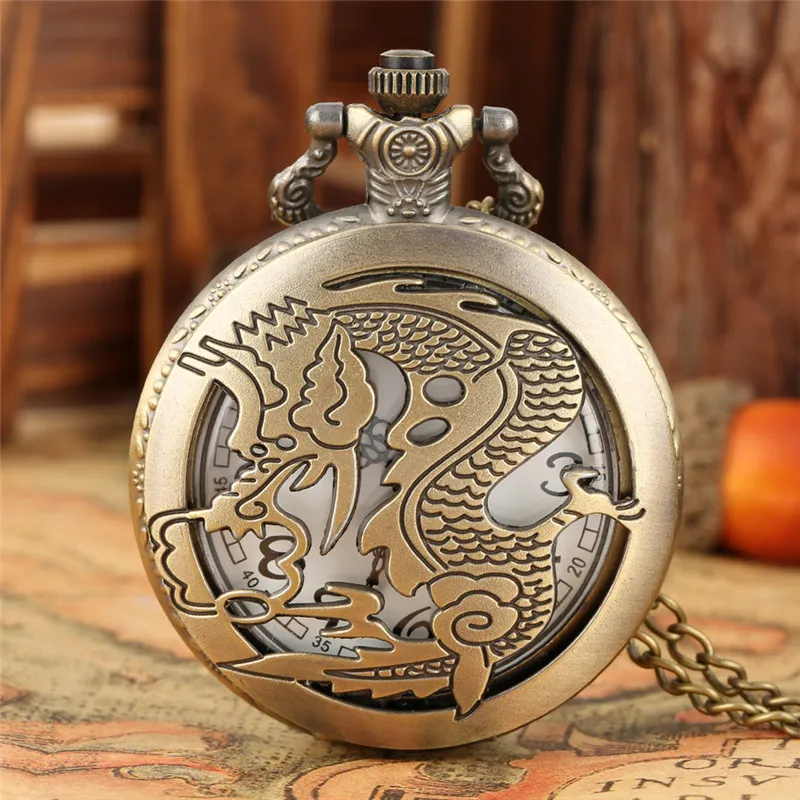 Zodiac Dragon Pocket Watch: Vintage China Style, Analog Quartz with Chain Necklace. Perfect Birthday Gift for Men and Women.