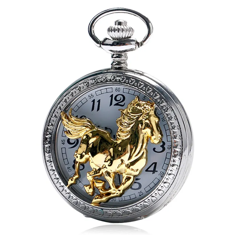 Chinese Style Running Golden Horse Silver Quartz Pocket Watch Retro Necklace Chain Hollow Out Case Birthday Gift