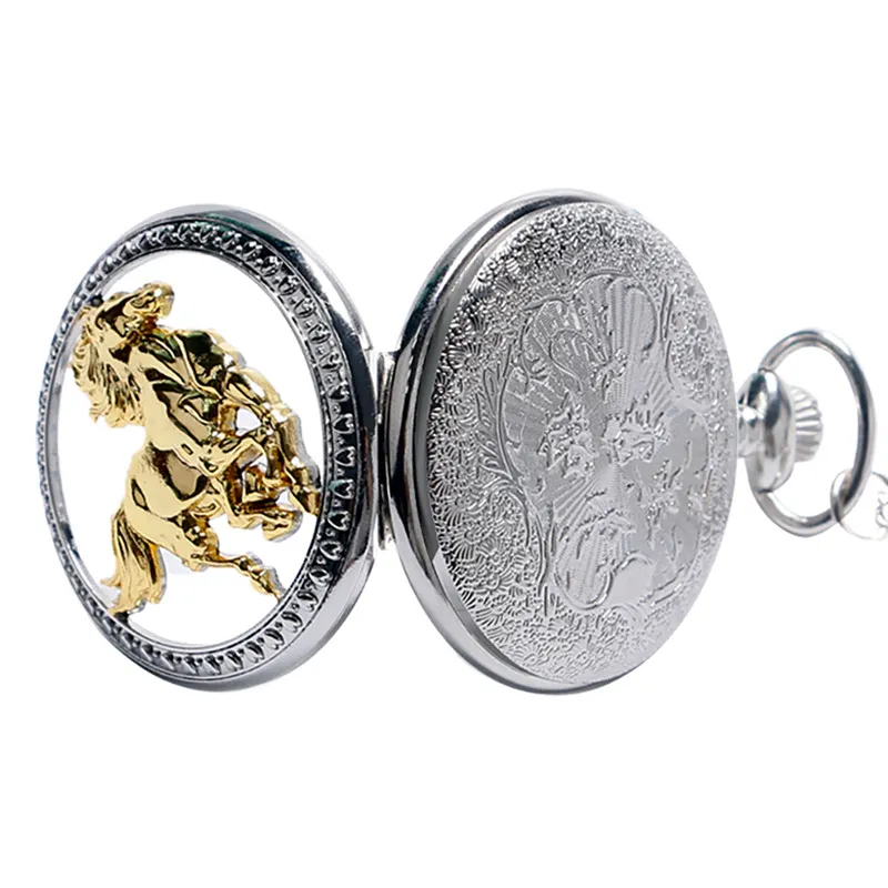 Chinese Style Running Golden Horse Silver Quartz Pocket Watch Retro Necklace Chain Hollow Out Case Birthday Gift