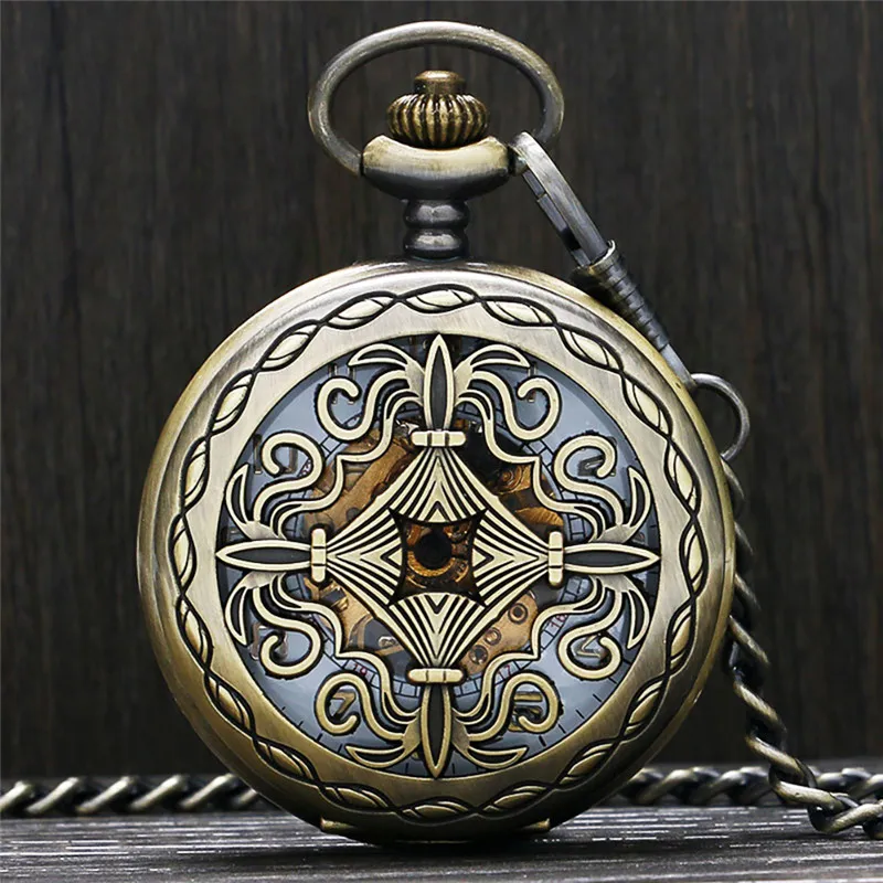 Hollow Vintage Bronze Chinese Pocket Watch - Handwind Mechanical Clock with Chain - Elegant Gift for Women and Men