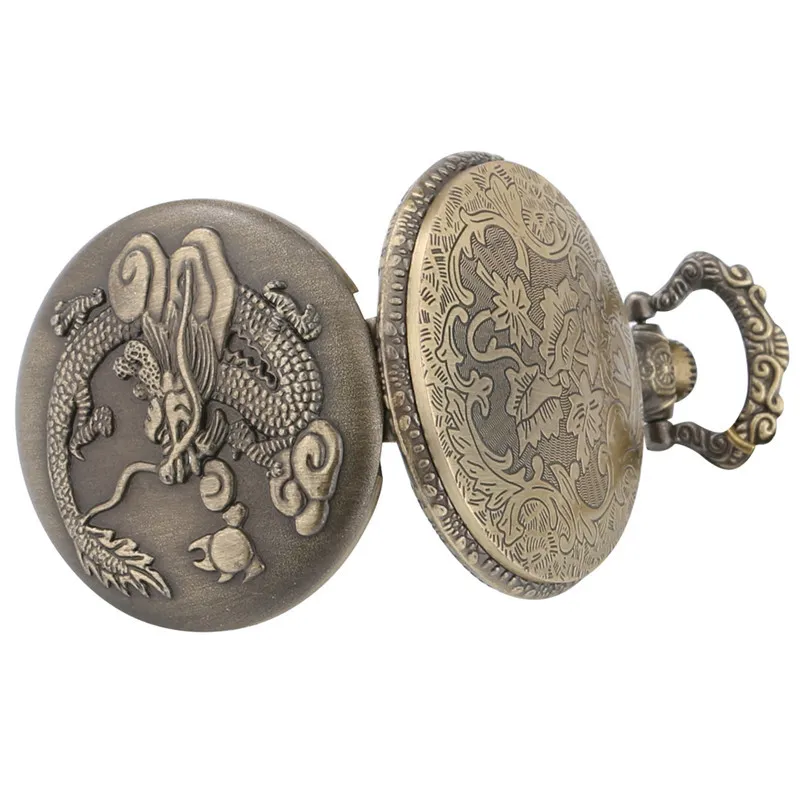 Chinese Dragon Quartz Pocket Watch with Necklace Chain - Vintage Bronze Design for Timeless Style