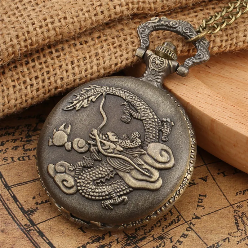 Chinese Dragon Quartz Pocket Watch with Necklace Chain - Vintage Bronze Design for Timeless Style