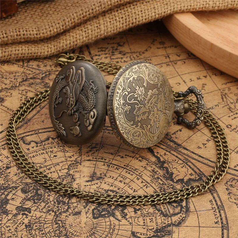 Chinese Dragon Quartz Pocket Watch with Necklace Chain - Vintage Bronze Design for Timeless Style