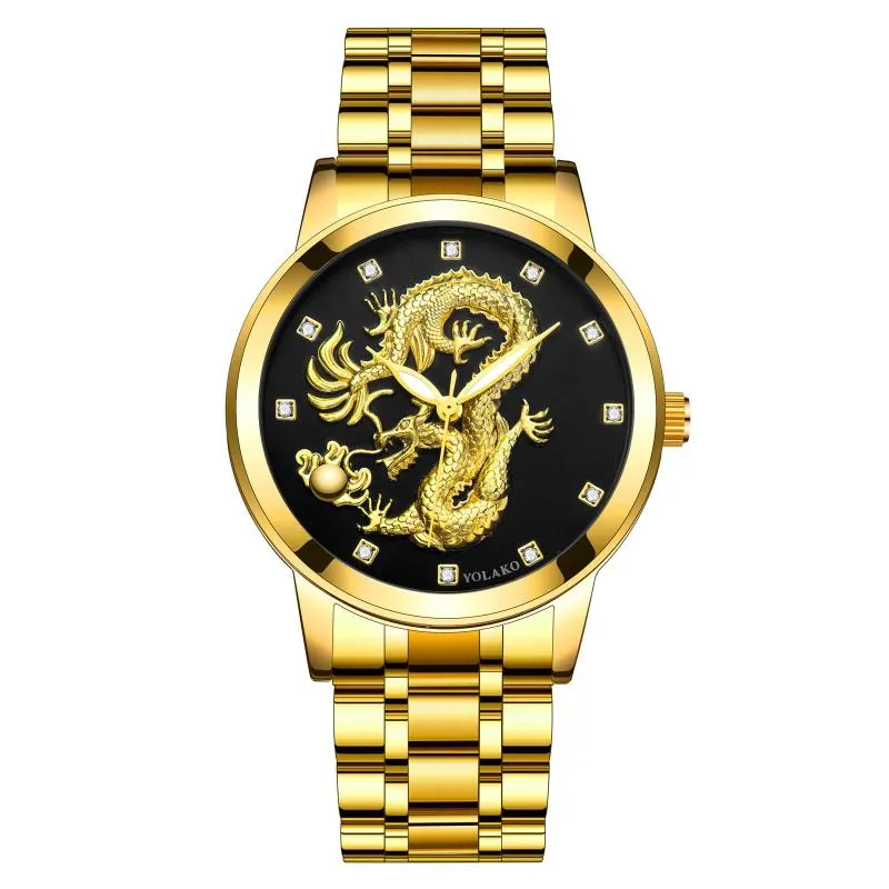 Wristwatches Chinese Dragon Temperament Business Clock Classic Stainless Steel Strap Quartz Rhinestone Scale Luxury Embossed Men Watch