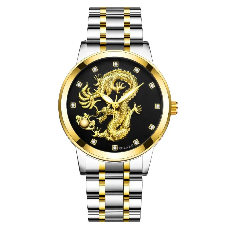 Wristwatches Chinese Dragon Temperament Business Clock Classic Stainless Steel Strap Quartz Rhinestone Scale Luxury Embossed Men Watch