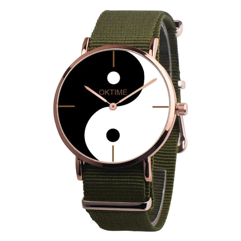 Wristwatches Simple Women Watch Retro Chinese Style Tai Chi Black And White Dial Design Ladies Quartz Watches Canvas Strap Clock Kol Saati 4