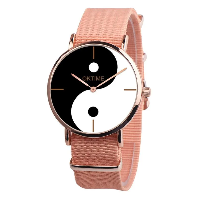 Wristwatches Simple Women Watch Retro Chinese Style Tai Chi Black And White Dial Design Ladies Quartz Watches Canvas Strap Clock Kol Saati 4