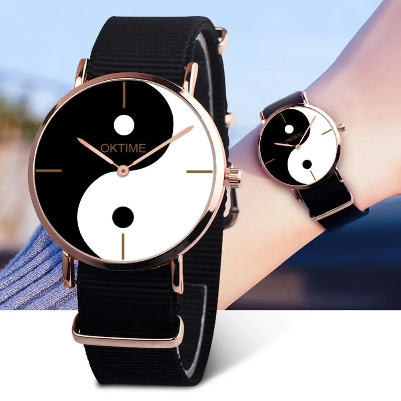 Wristwatches Simple Women Watch Retro Chinese Style Tai Chi Black And White Dial Design Ladies Quartz Watches Canvas Strap Clock Kol Saati 4