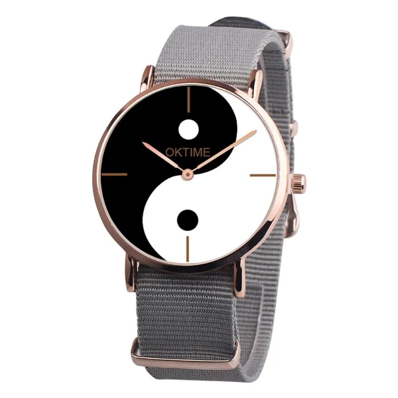 Wristwatches Simple Women Watch Retro Chinese Style Tai Chi Black And White Dial Design Ladies Quartz Watches Canvas Strap Clock Kol Saati 4